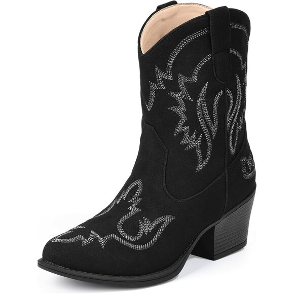 ⚡Women Black Faux Leather Ankle Cowgirl Pull-On Pointed Toe Short Western Boots - Picture 7 of 9